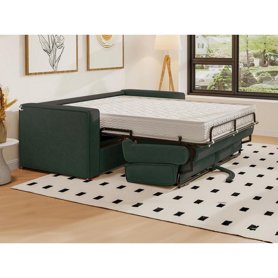 Vente-unique Canapé 4 places convertible express en velours côtelé vert sapin - Couchage à lattes larges 160 cm - Matelas 18 cm LORETO  