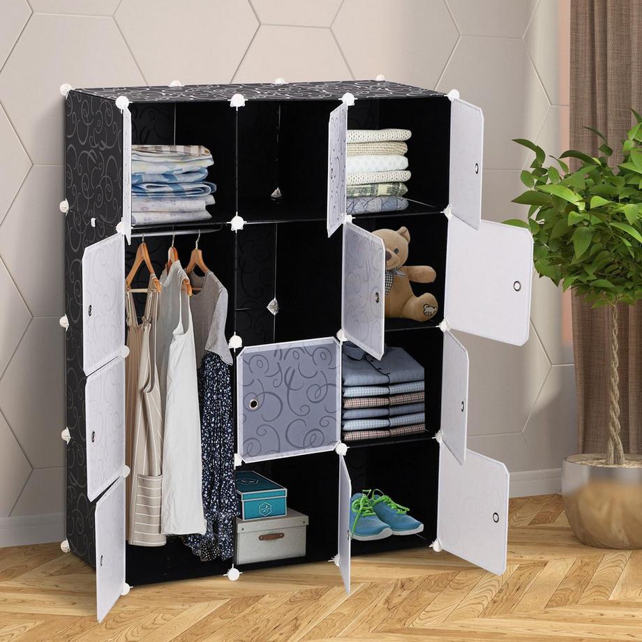 Northio Armoire Bricolage Système D'Étagères D'Armoire Étagère Enfichable, Armoire Cubique Avec Tringle À Vêtements, Pp, Noir + Blanc  