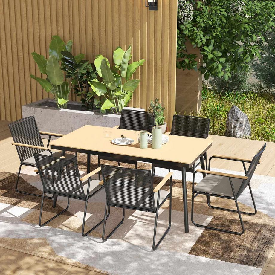 Northio  Sitzgruppe 7-teilig Metall Essgruppe für 6 Personen Esstisch mit Tisch 6 Stühlen Esszimmergruppe Küchentisch-Set mit Metallgestell Balkonmöbel Gartenmöbel für Terrasse, Balkon Naturholz Aosom 