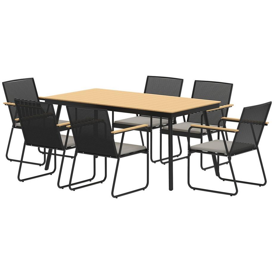 Northio  Sitzgruppe 7-teilig Metall Essgruppe für 6 Personen Esstisch mit Tisch 6 Stühlen Esszimmergruppe Küchentisch-Set mit Metallgestell Balkonmöbel Gartenmöbel für Terrasse, Balkon Naturholz Aosom 