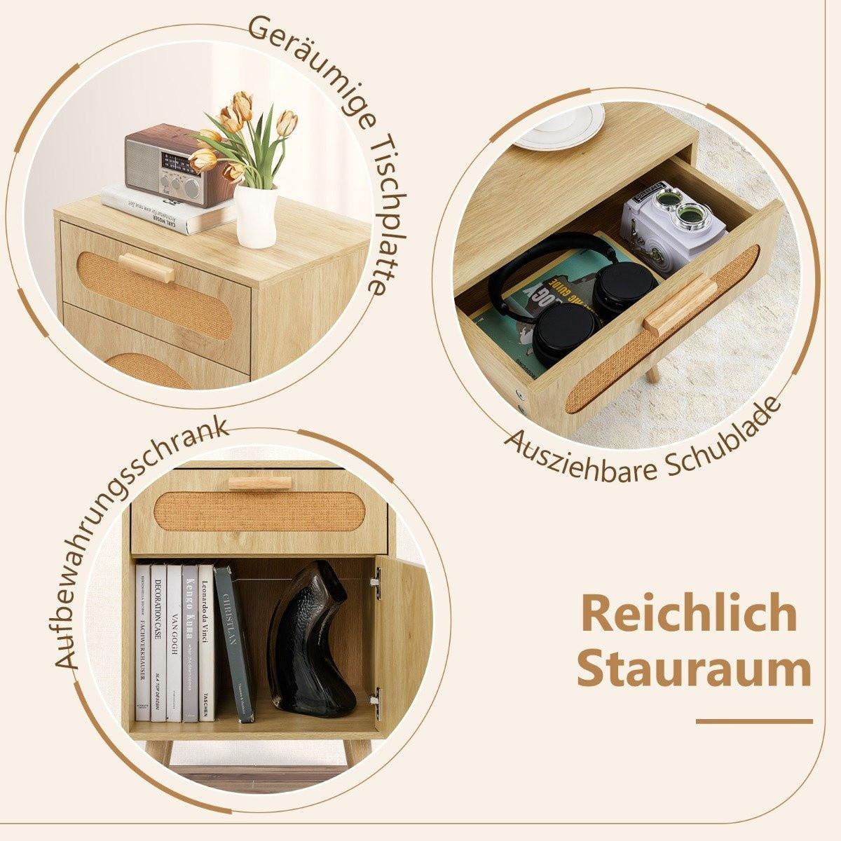 Northix Rattan Nachttisch mit Schublade & Schrank Nachtschrank im Boho-Stil Beistelltisch Sofatisch  