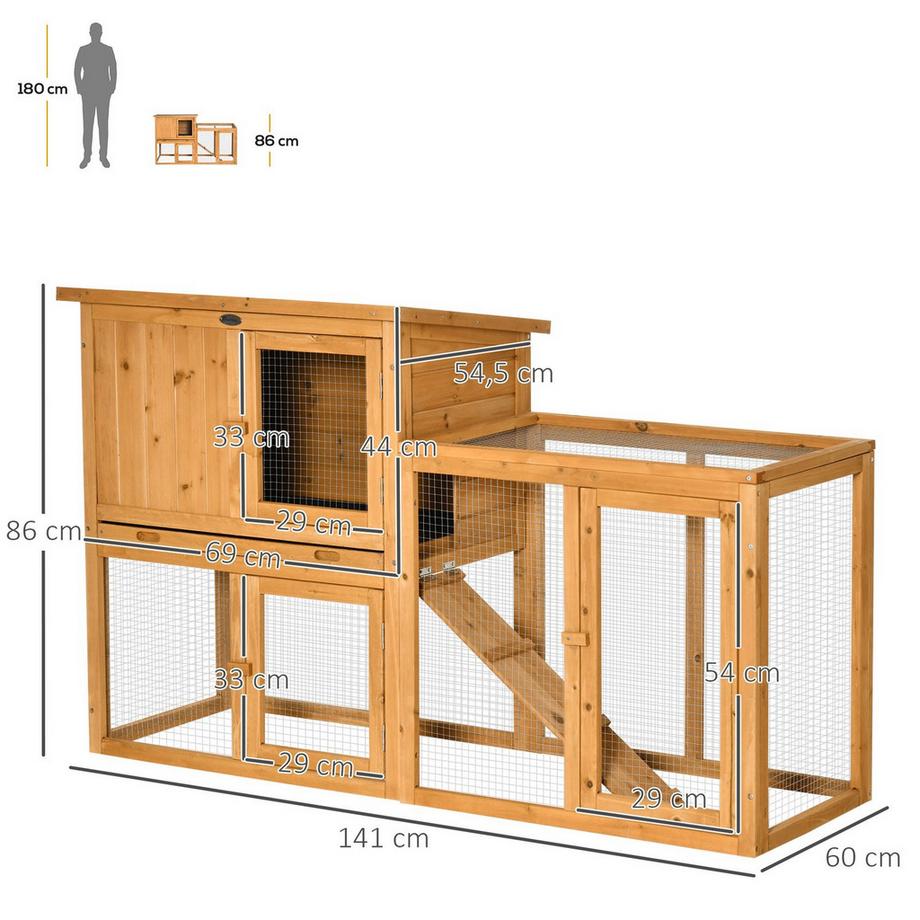 Northio Kaninchenstall Kleintierstall 141 X 60 X 86 Cm Mit Herausnehmbarer Bodenwanne Und Rampe Outdoor Indoor Tannenholz Orange  