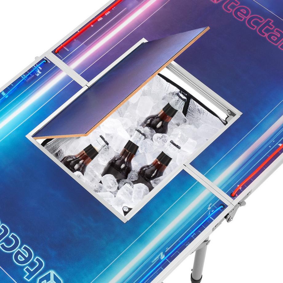 Tectake  Aluminium Bierpongtisch BeerWars II mit Eisfach, Becherlöchern, LED-Beleuchtung klappbar und höhenverstellbar 