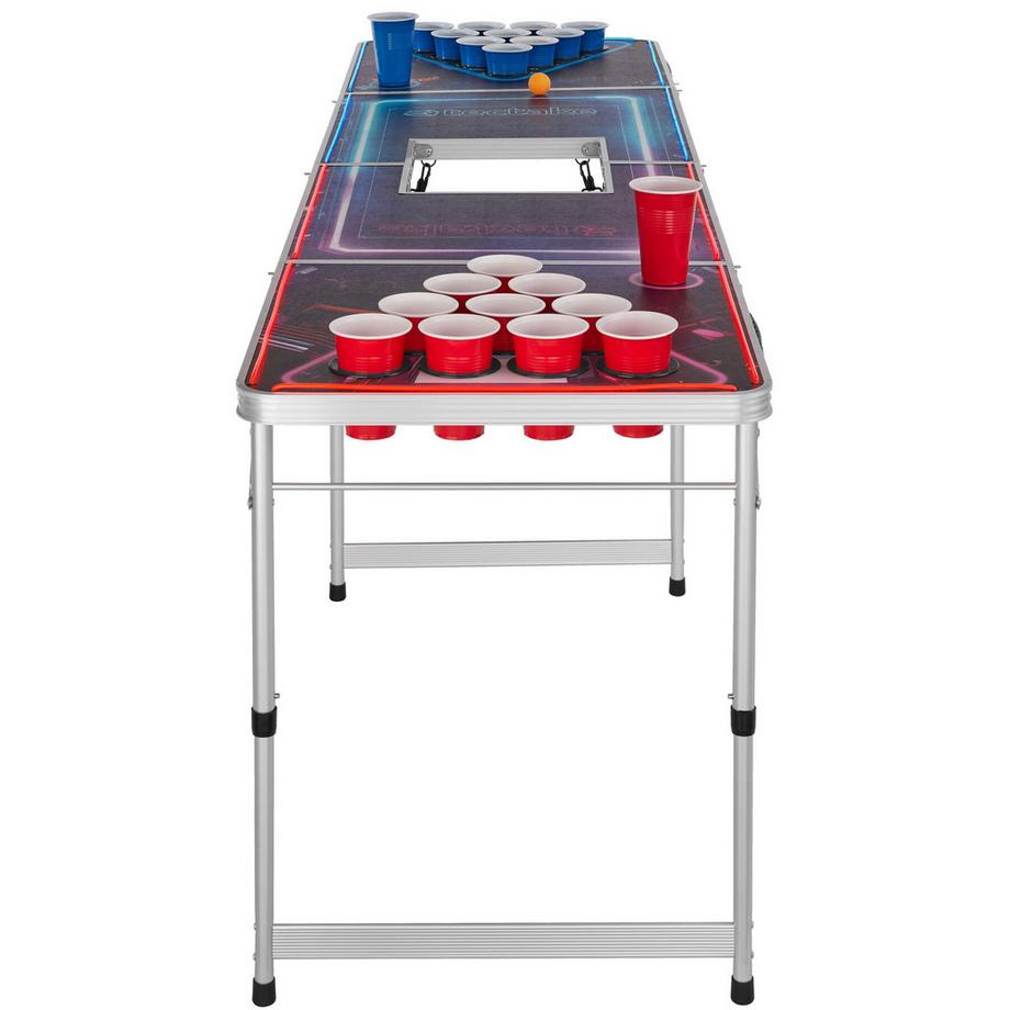 Tectake  Aluminium Bierpongtisch BeerWars II mit Eisfach, Becherlöchern, LED-Beleuchtung klappbar und höhenverstellbar 
