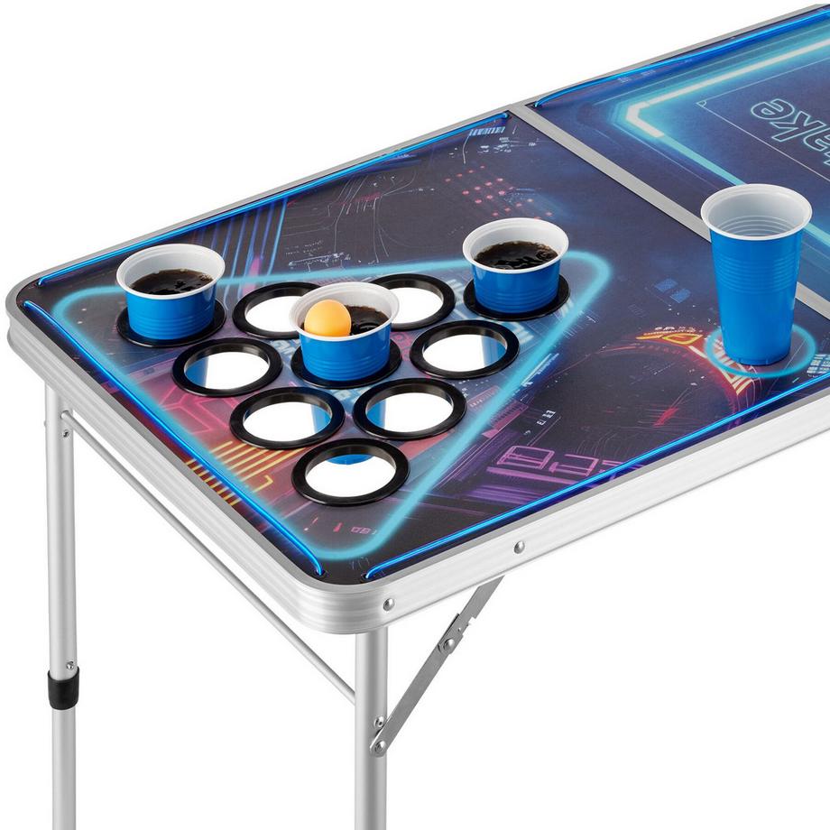 Tectake  Aluminium Bierpongtisch BeerWars II mit Eisfach, Becherlöchern, LED-Beleuchtung klappbar und höhenverstellbar 
