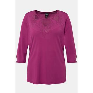 Ulla Popken  T-shirt à découpes, strass, col rond, coupe évasée, manches 3/4 