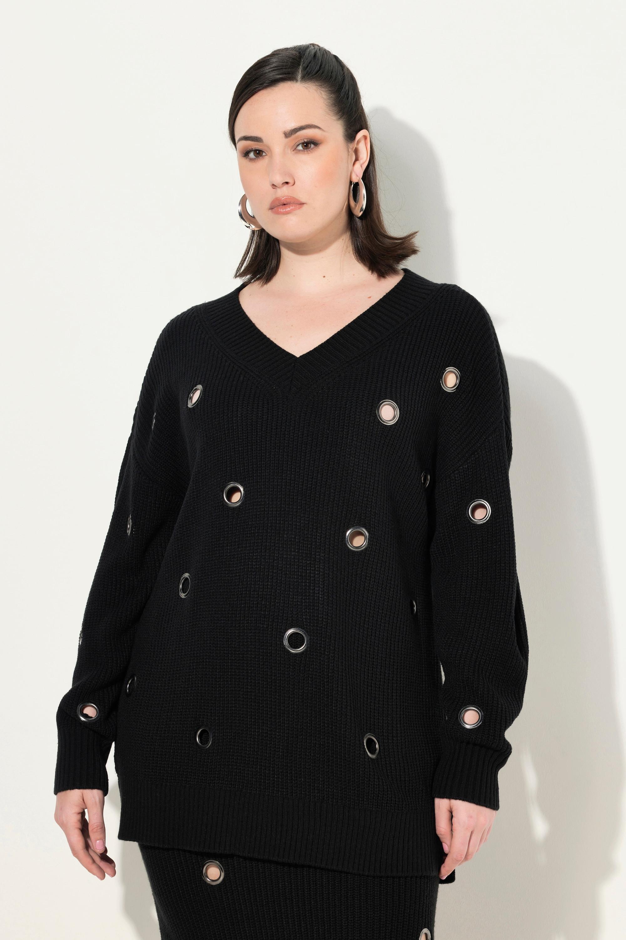 Ulla Popken  Maglione dal taglio oversize con occhielli, scollo a V e maniche lunghe 