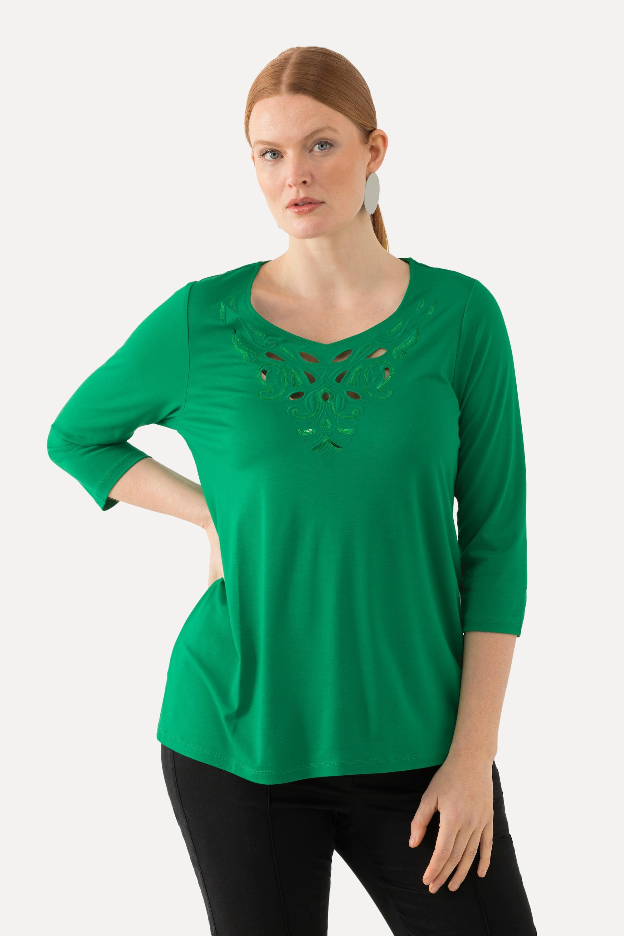 Ulla Popken  Shirt, Stickerei, Classic, Herzausschnitt, 3/4-Arm 