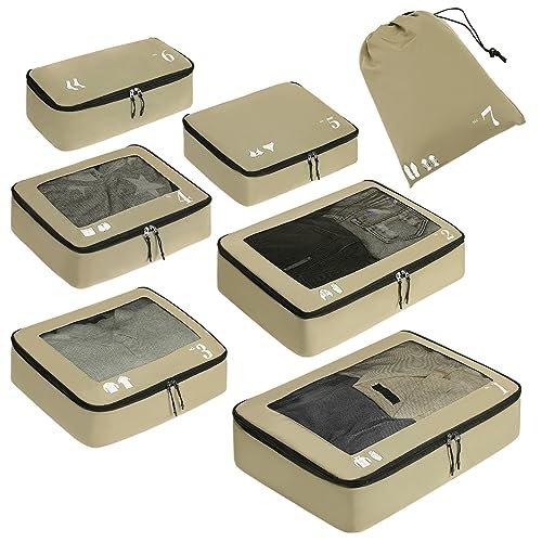 Image of Kofferorganisator, Packwürfel, 7-teiliges Kofferorganisator-set, Packwürfel, Recycelte Packtaschen Für Koffer, Kofferorganisator Für Rucksack, Schuhbeutel, Kleidersäcke Für Koffer Unisex Beige ONE SIZE