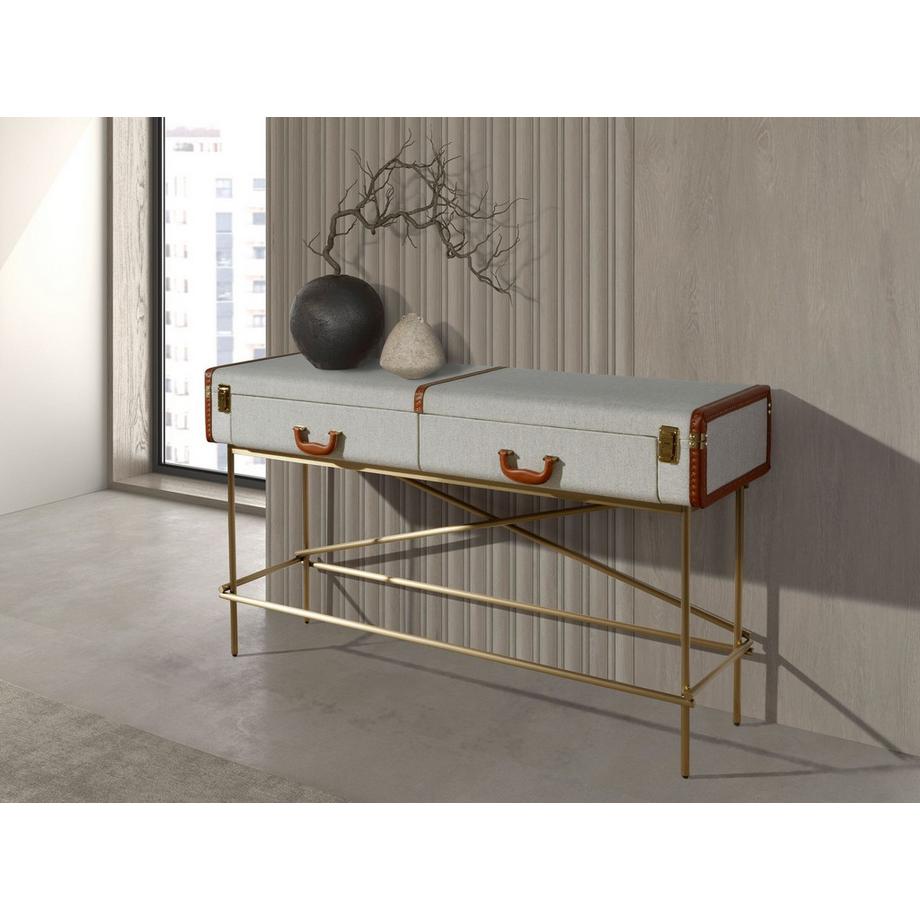 ANGEL CERDA Consolle rettangolare, tessuto, noce e acciaio lucido dorato  