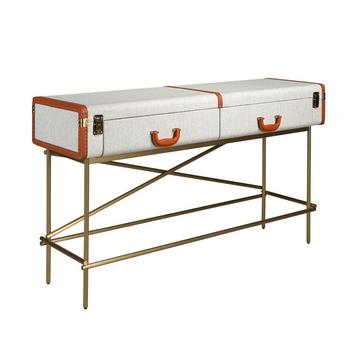 Consolle rettangolare, tessuto, noce e acciaio lucido dorato