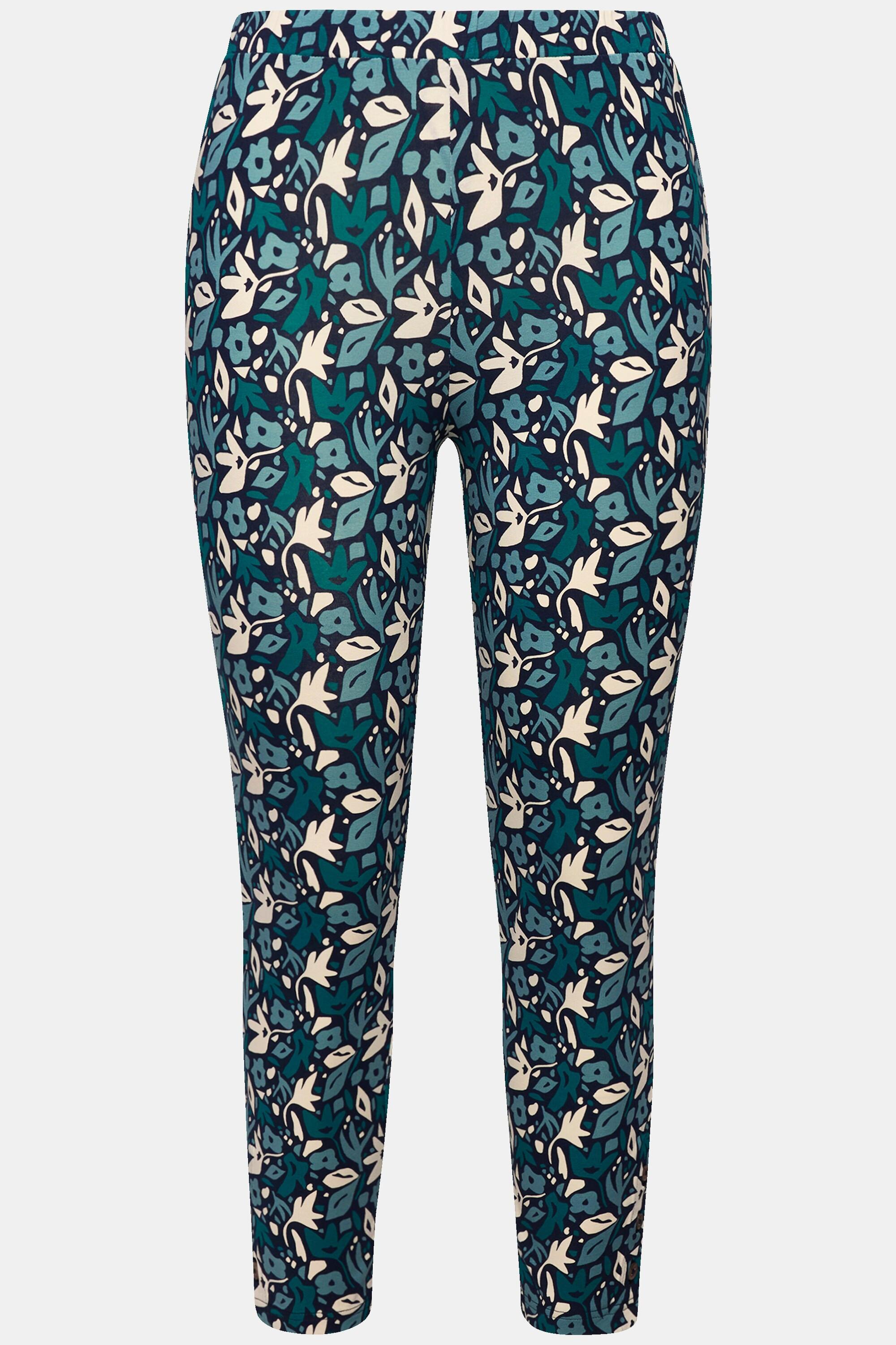 Ulla Popken  Legging en coton bio, motif feuilles et boutons fantaisie 