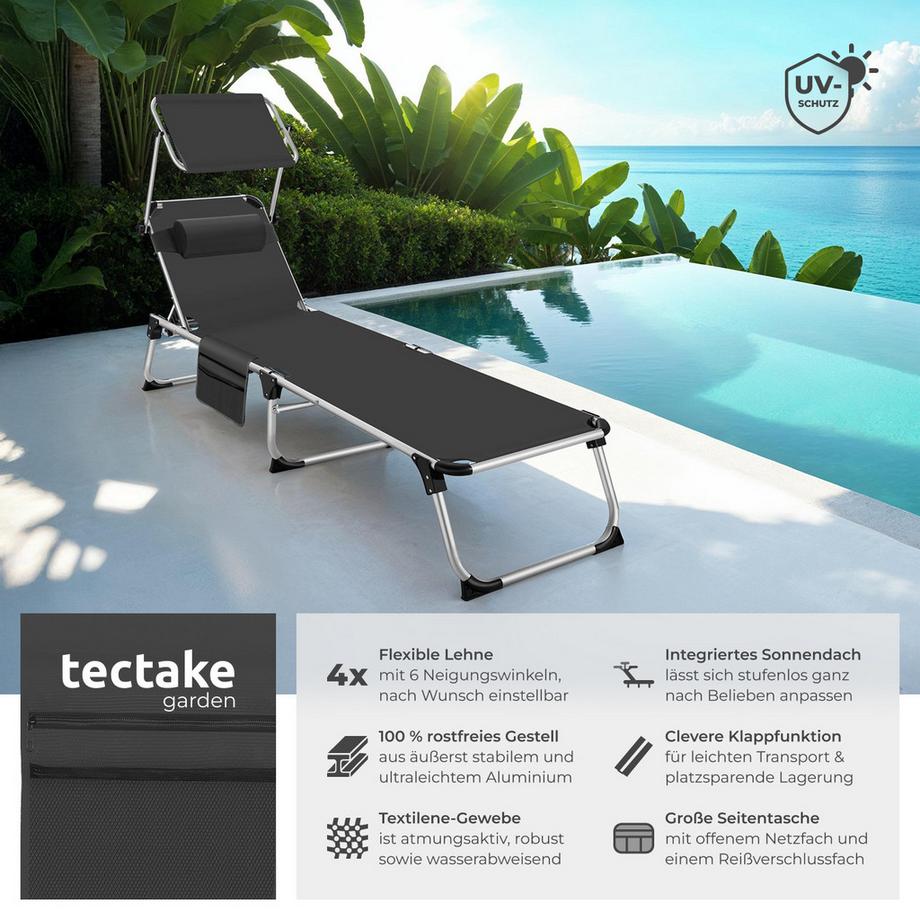 Tectake Sonnenliege Aurelie klappbar, mit Kopfkissen mit Aluminiumgestell, stufenlos verstellbares Sonnendach  