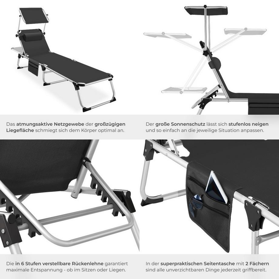 Tectake Sonnenliege Aurelie klappbar, mit Kopfkissen mit Aluminiumgestell, stufenlos verstellbares Sonnendach  