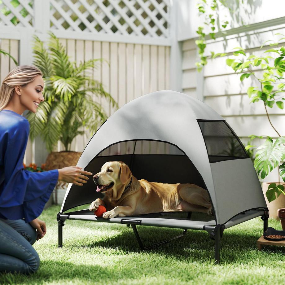 Northio  Hundeliege Outdoor mit Dach, Erhöhtes Hundebett für Große Hunde, Kühlendes Haustierliege mit Waschbares Mesh Metallrahmen Tragtasche, Haustierbett für Draußen Camping 91x76x90cm, Hellgrau | 