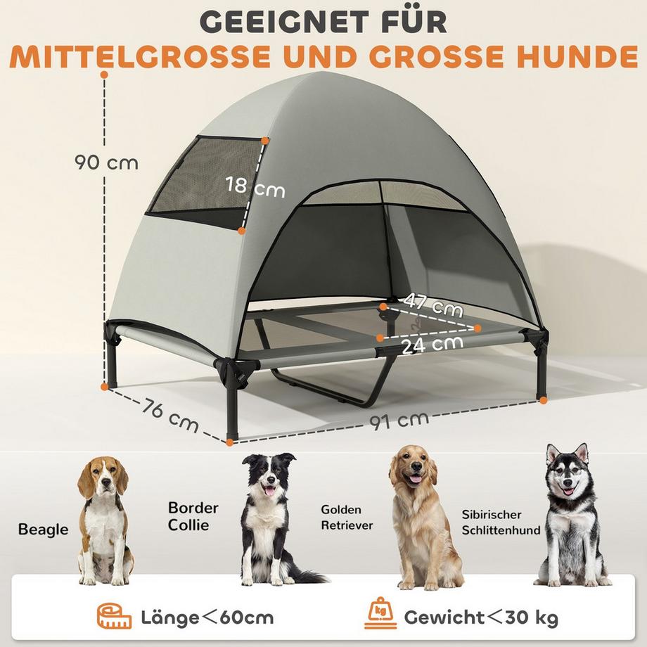 Northio  Hundeliege Outdoor mit Dach, Erhöhtes Hundebett für Große Hunde, Kühlendes Haustierliege mit Waschbares Mesh Metallrahmen Tragtasche, Haustierbett für Draußen Camping 91x76x90cm, Hellgrau | 