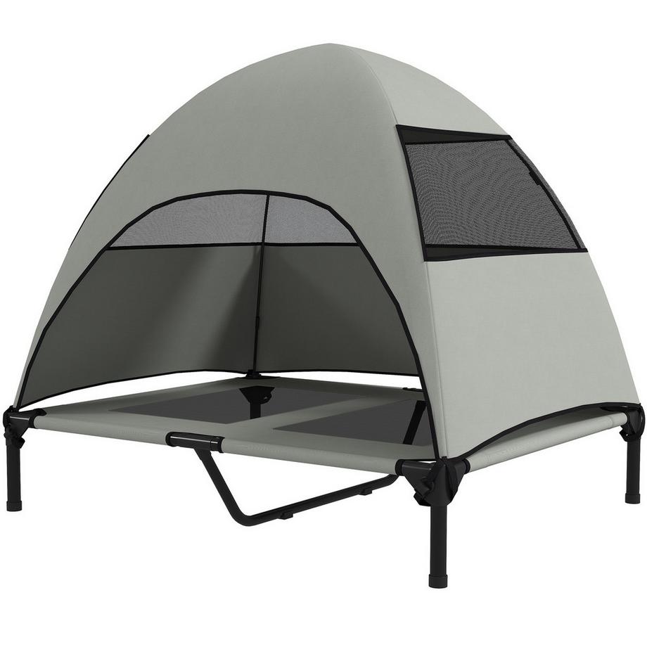 Northio  Hundeliege Outdoor mit Dach, Erhöhtes Hundebett für Große Hunde, Kühlendes Haustierliege mit Waschbares Mesh Metallrahmen Tragtasche, Haustierbett für Draußen Camping 91x76x90cm, Hellgrau | 