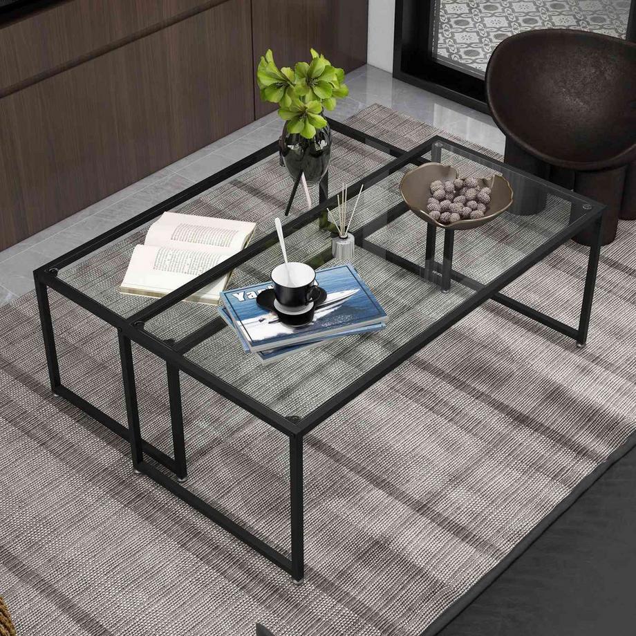 Northio Table Basse Ensemble De 2 Tables D'Appoint, Table Basse, Table Gigogne, Table En Verre, Table De Canapé, Table De Salon Pour Chambre À Coucher, Acier, Noir  