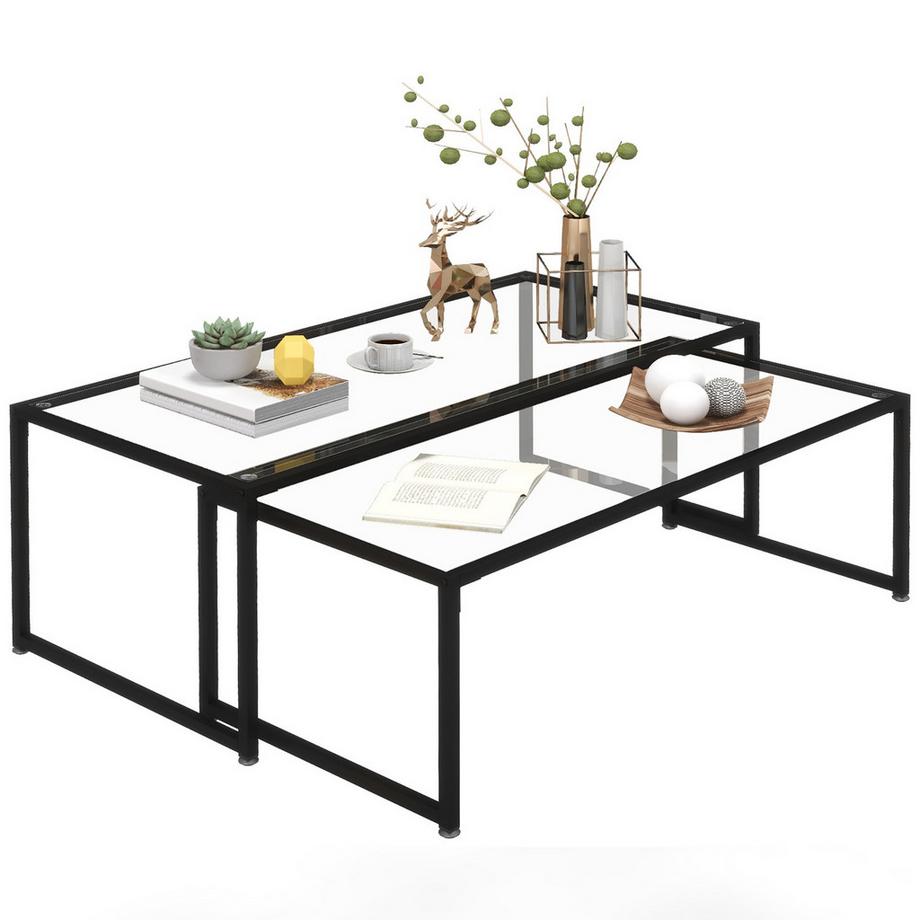 Northio Table Basse Ensemble De 2 Tables D'Appoint, Table Basse, Table Gigogne, Table En Verre, Table De Canapé, Table De Salon Pour Chambre À Coucher, Acier, Noir  