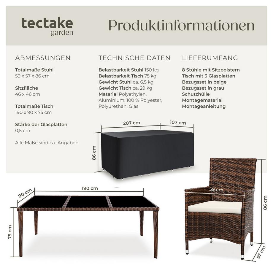 Tectake Rattan Sitzgruppe Menorca mit Aluminiumgestell für 8 Personen  