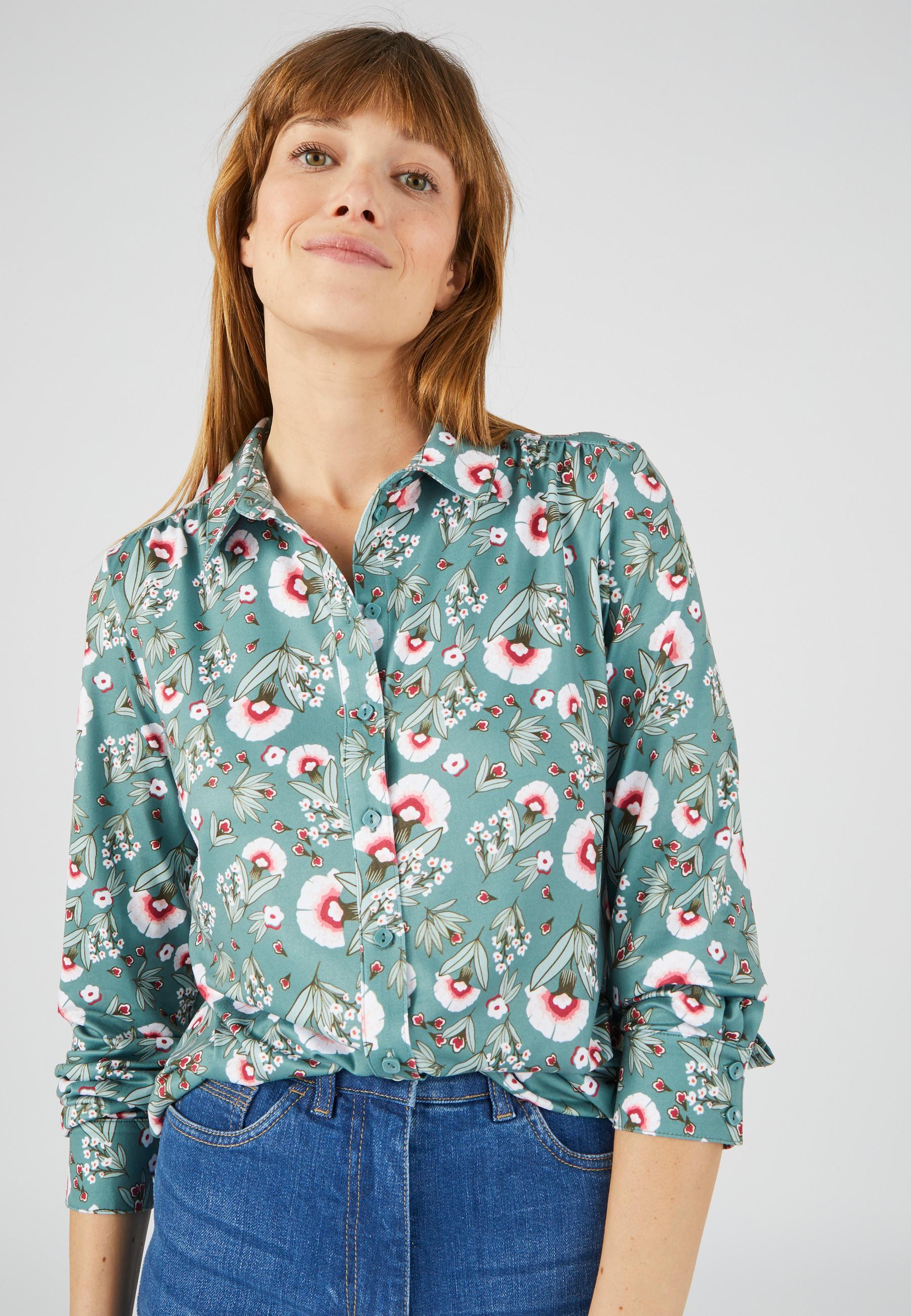 Image of Warme Strickbluse Mit Blumen Oder Geometrischen Mustern Damen Grün 38/40