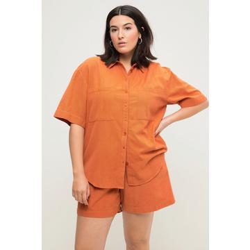 Leinenmix-Bluse, oversized, Hemdkragen, Halbarm