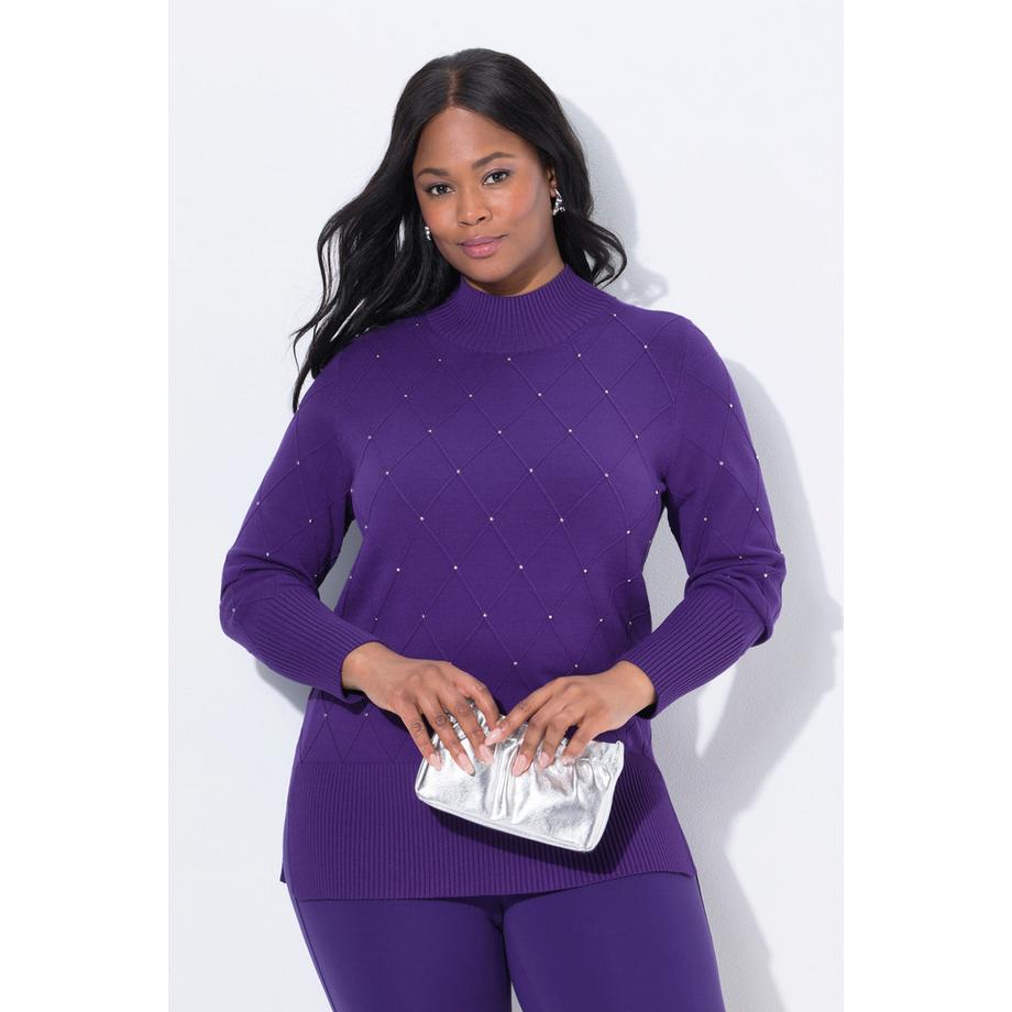 Ulla Popken Pull Losanges Rivets Fantaisie Col Montant Manches Longues  