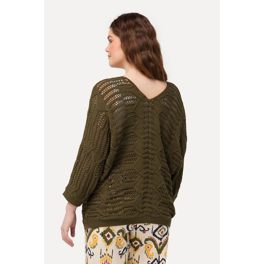 Ulla Popken Ajourmuster V-Ausschnitt 3/4 Arm Pullover  