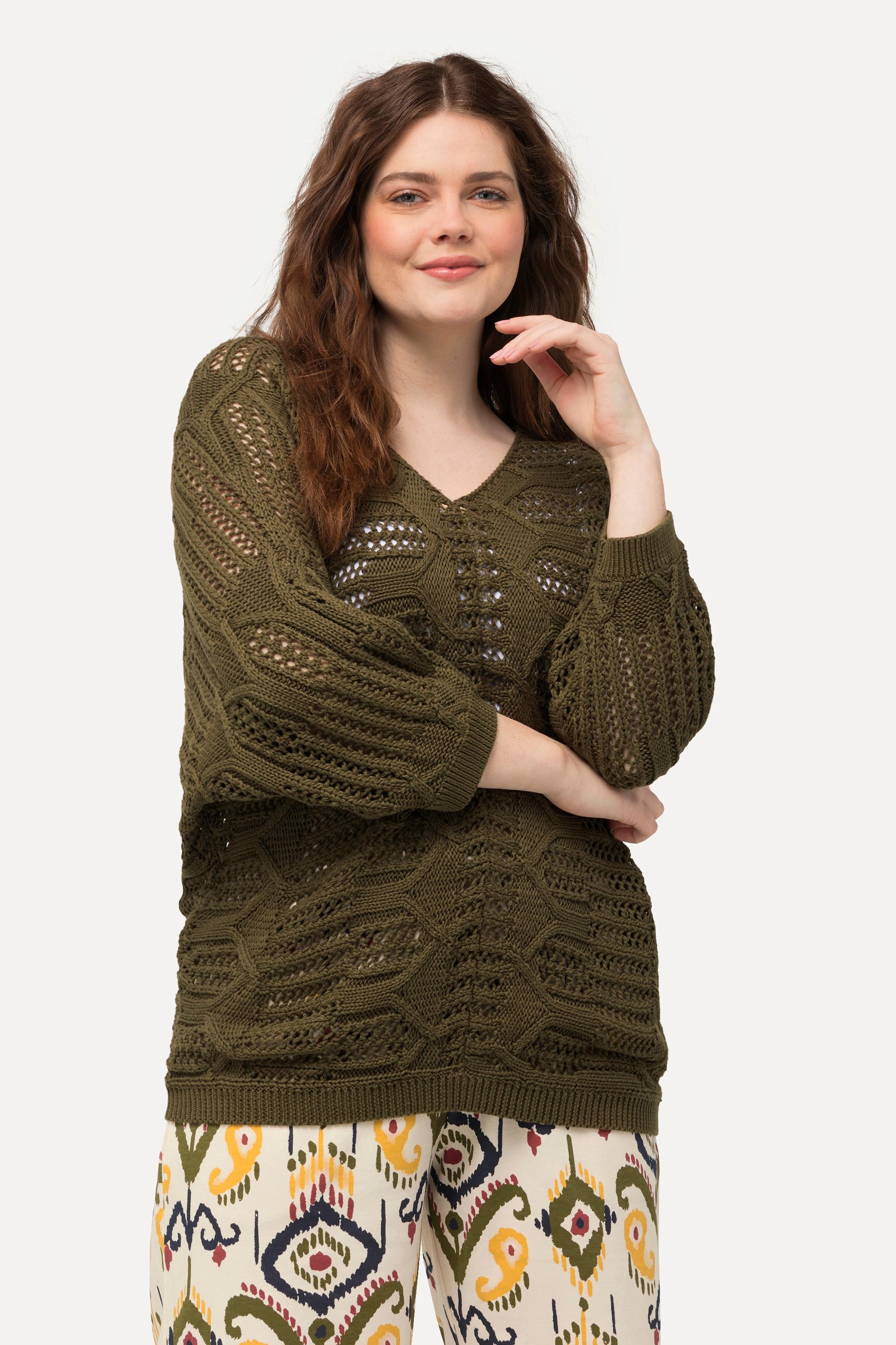 Ulla Popken  Pullover, Ajourmuster, V-Ausschnitt, 3/4-Arm, Biobaumwolle 