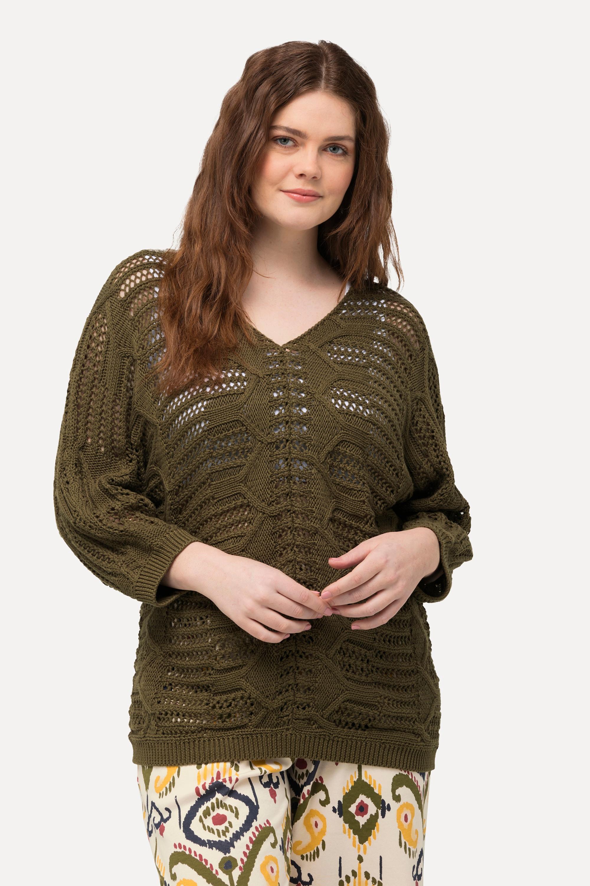 Ulla Popken  Pullover, Ajourmuster, V-Ausschnitt, 3/4-Arm, Biobaumwolle 