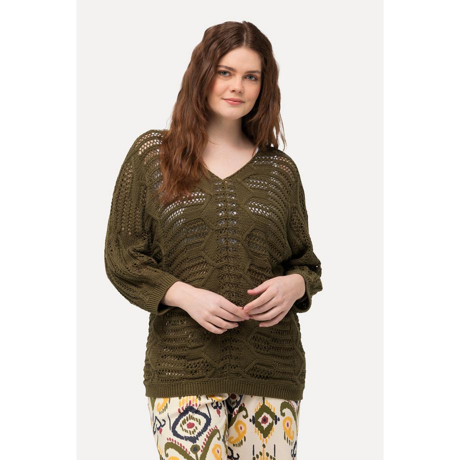 Ulla Popken Ajourmuster V-Ausschnitt 3/4 Arm Pullover  