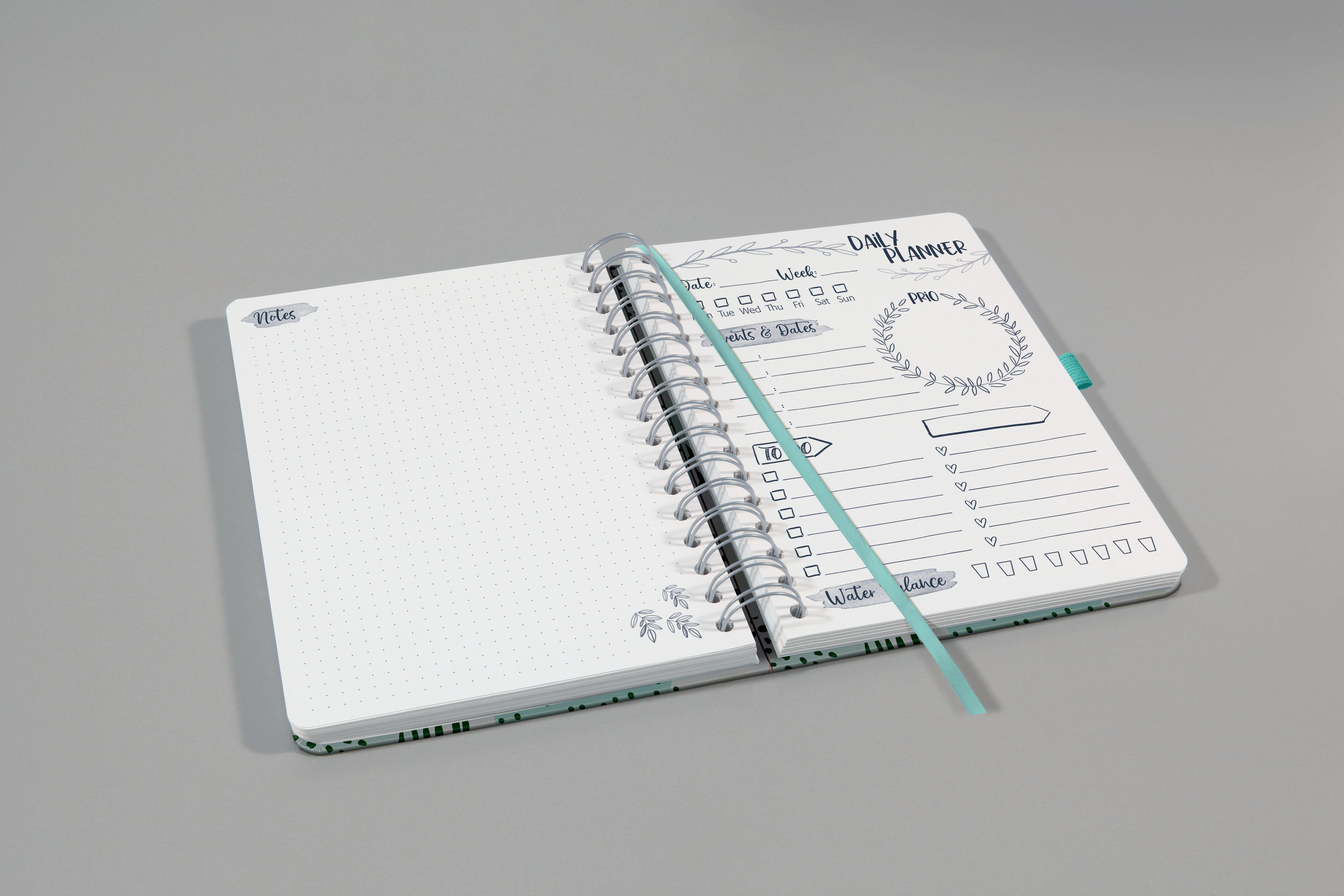 Sigel Planner giornaliero Jolie senza data - Mint Inspiration - circa A5 - bianco, mint, grigio - hardcover - 2 pagine = note a sinistra / pagina di pianificazione a destra - certificazione FSC  