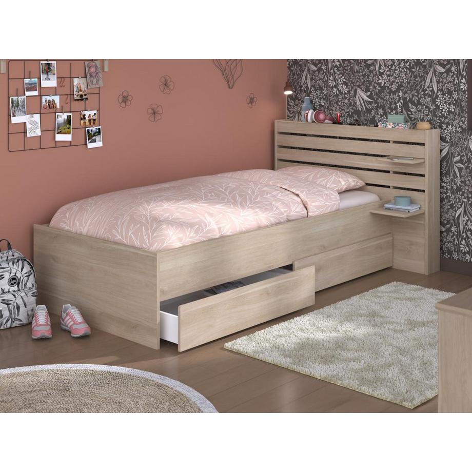 Vente-unique Lit 90 x 200 cm avec rangements - Coloris : Naturel + Sommier - TENALIA  