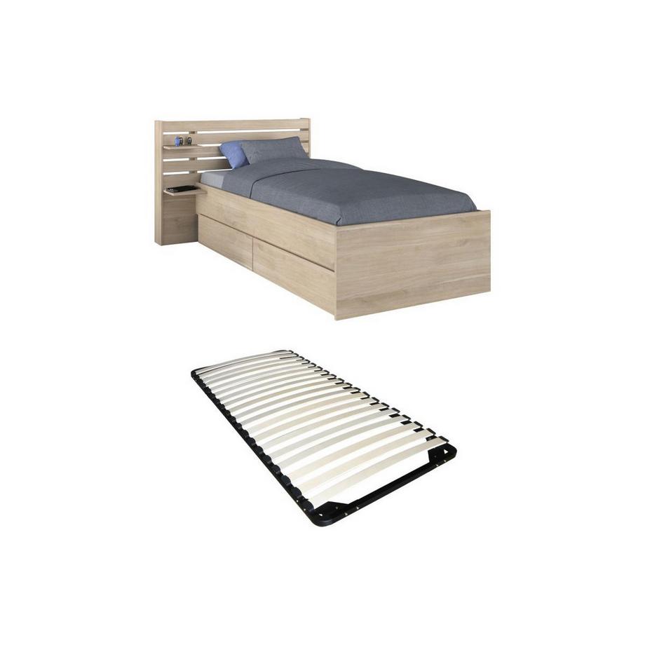 Lit 90 x 200 cm avec rangements - Coloris : Naturel + Sommier - TENALIA