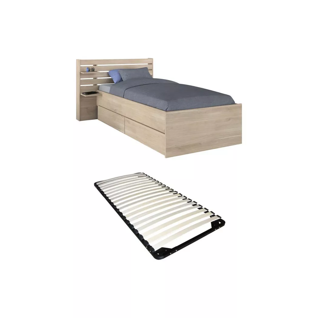 Vente-unique - Bett mit Stauraum - 90 x 200 cm - Holzfarben + Lattenrost - TENALIA, 90X190CM, Beige