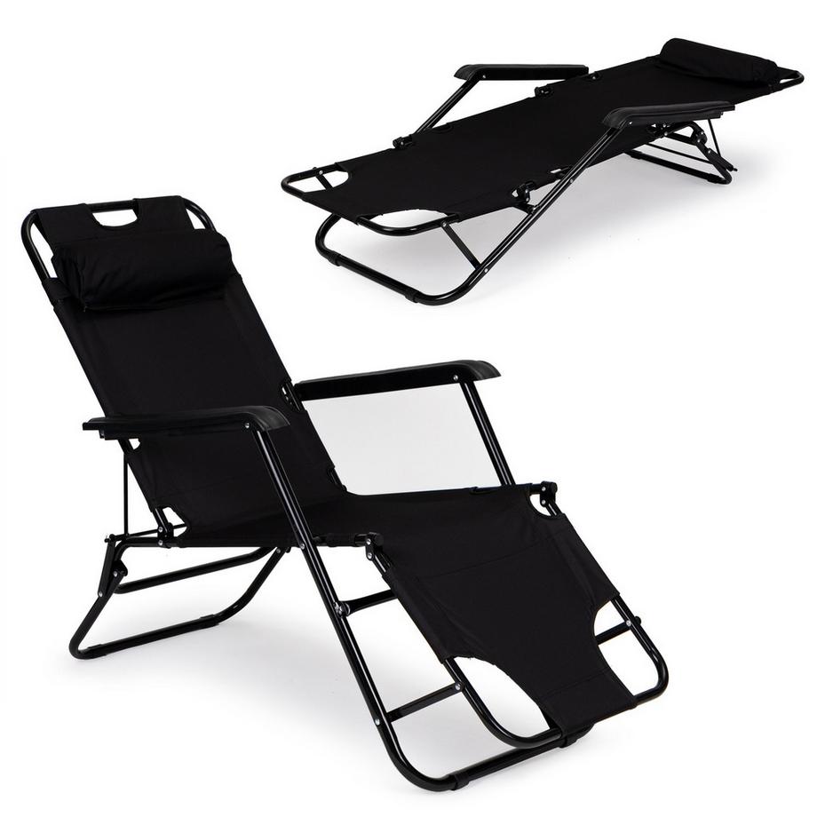 Sdraio da giardino con poggiatesta, design pieghevole, nero