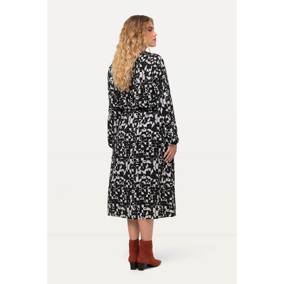 Ulla Popken Abito Stampa Grafica Scollo a Tunica Coulisse Maniche Lunghe  