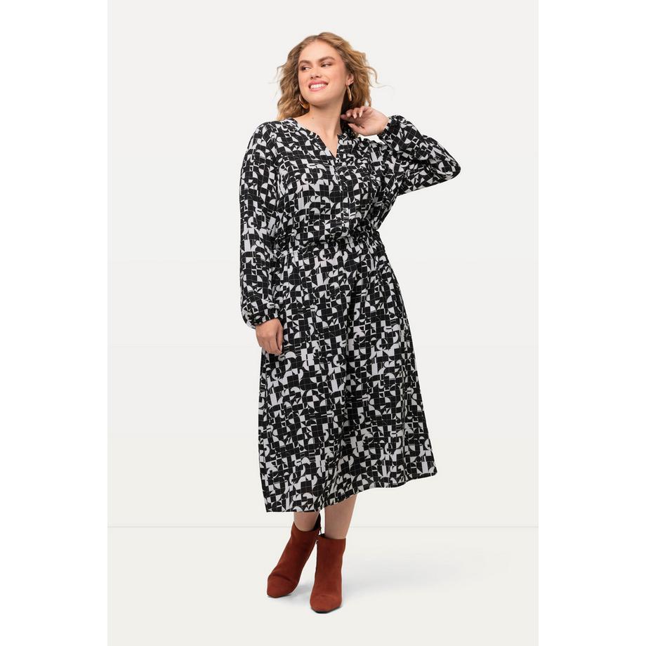 Ulla Popken Abito Stampa Grafica Scollo a Tunica Coulisse Maniche Lunghe  