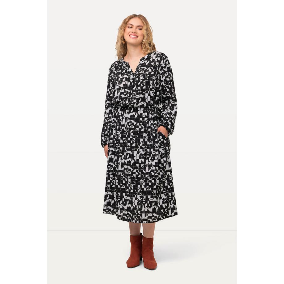 Ulla Popken Abito Stampa Grafica Scollo a Tunica Coulisse Maniche Lunghe  