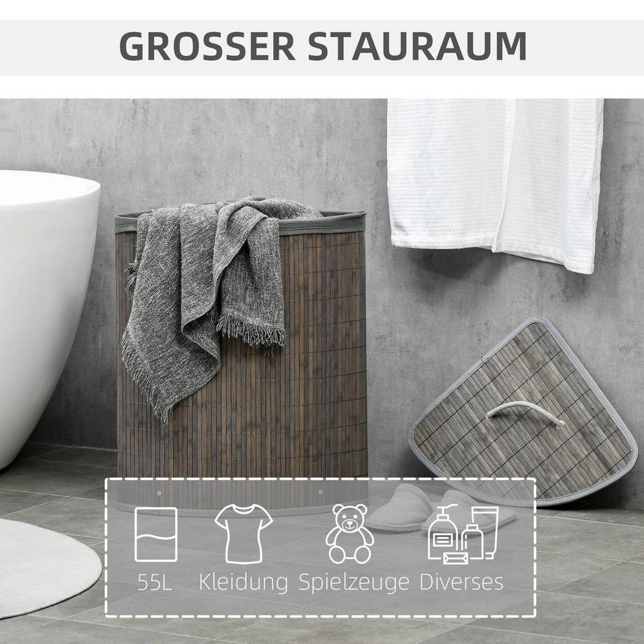 Northio Eckiger Wäschekorb aus Bambus 55L mit Deckel und herausnehmbarem Beutel 38 x 38 x 57 cm Grau  