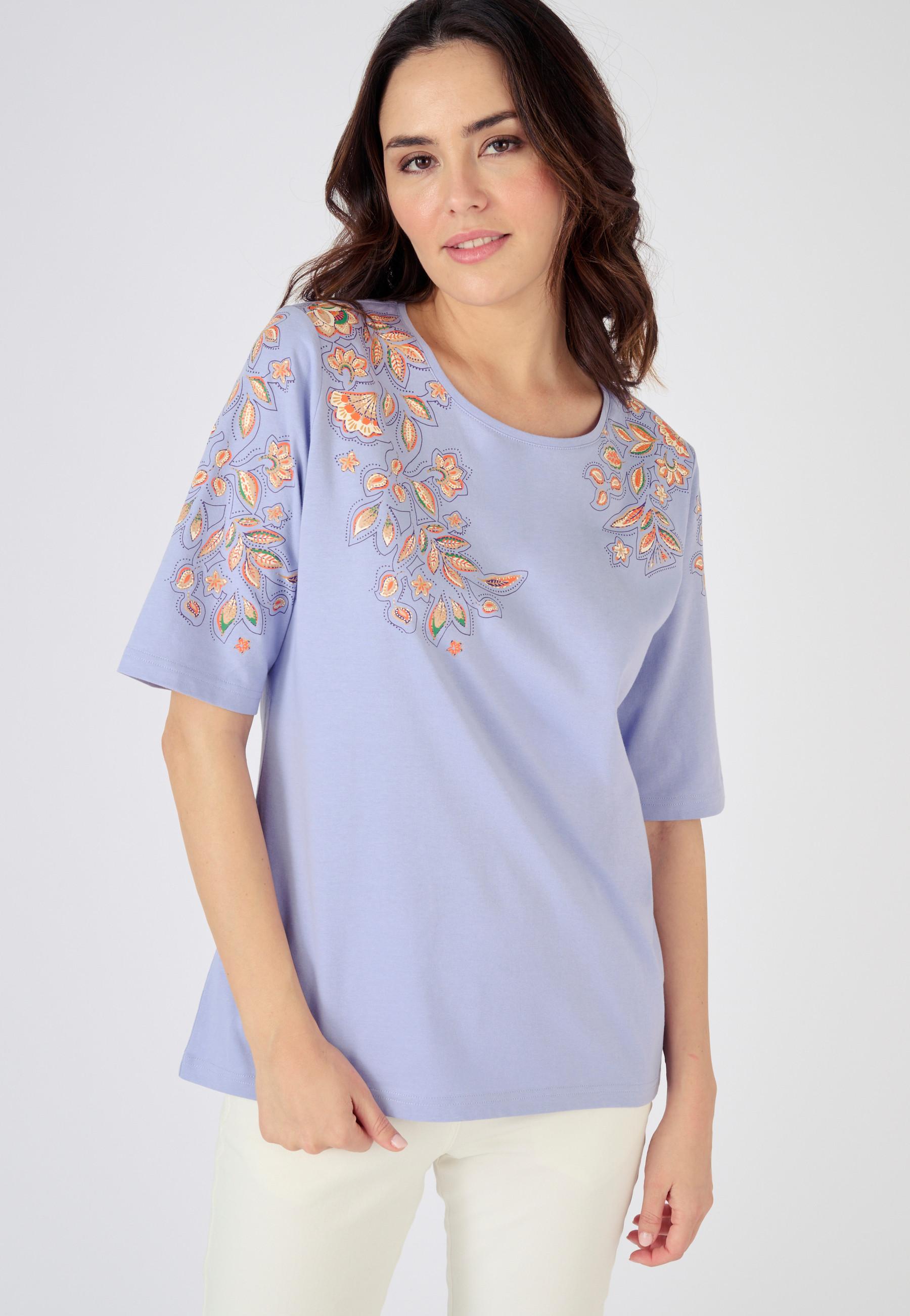 Image of T-shirt Mit Platziertem Blumenmotiv Damen Blau 34/36