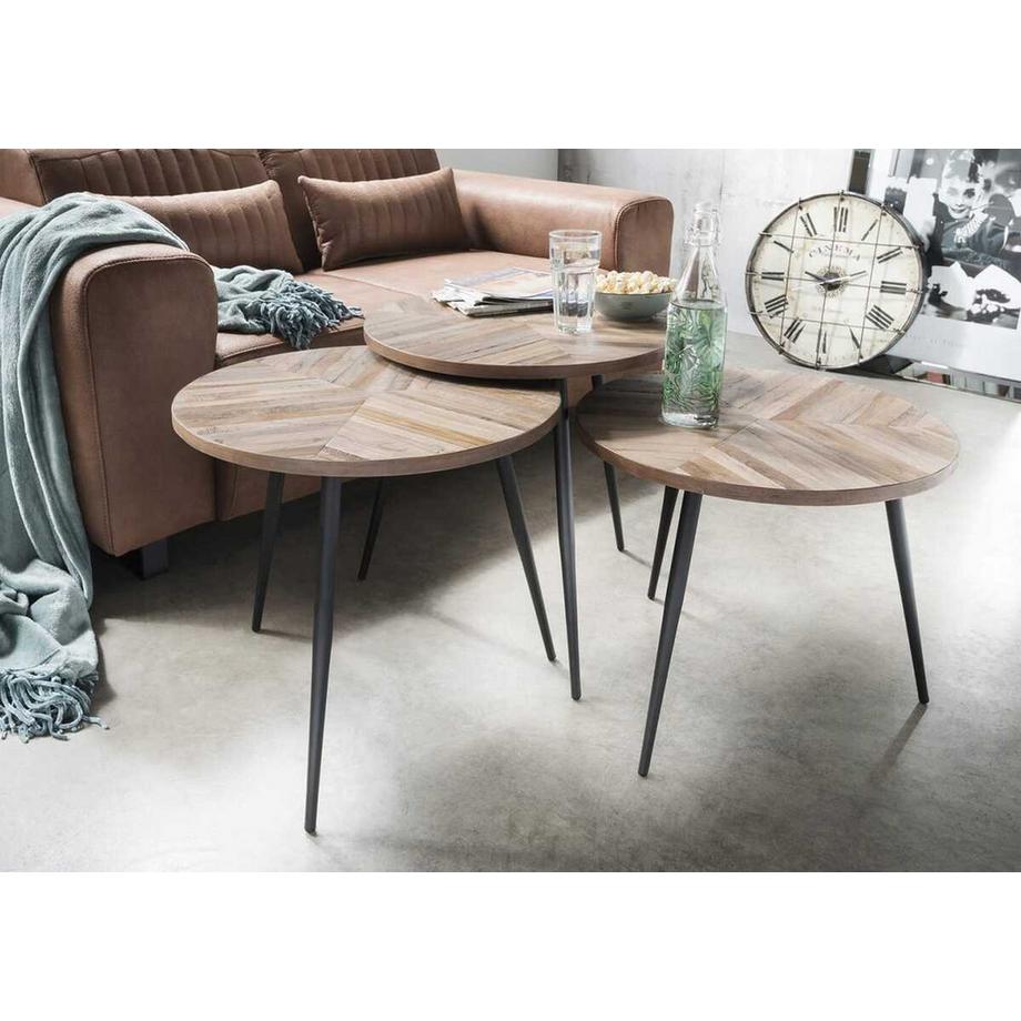 Couchtisch 3er Set  Family Teak Weiss Metall Schwarz 55x55