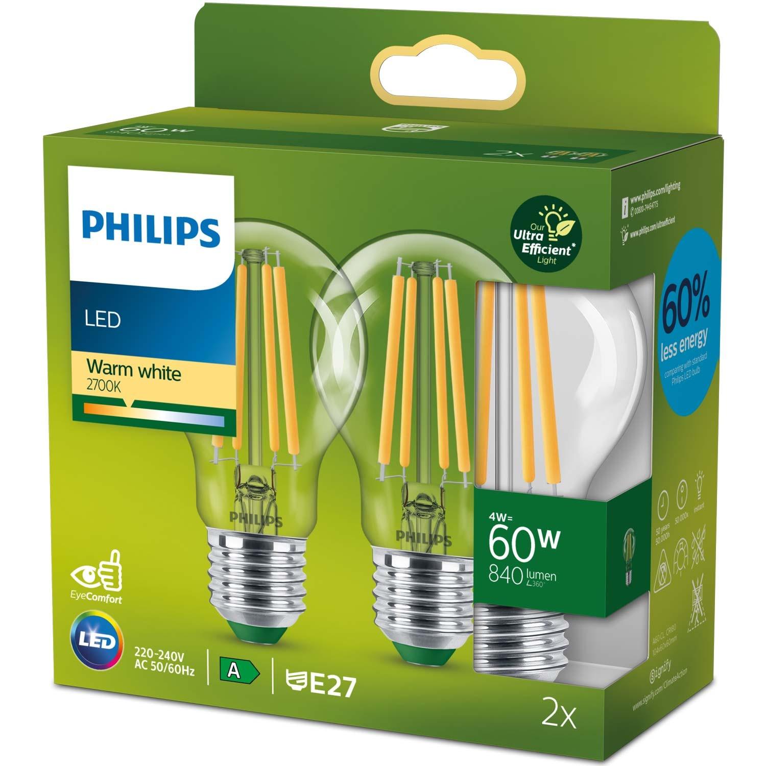 PHILIPS 2er-Pack LED E27 Normal 4W (60W) Klar 840lm 2700K Energieklasse A  