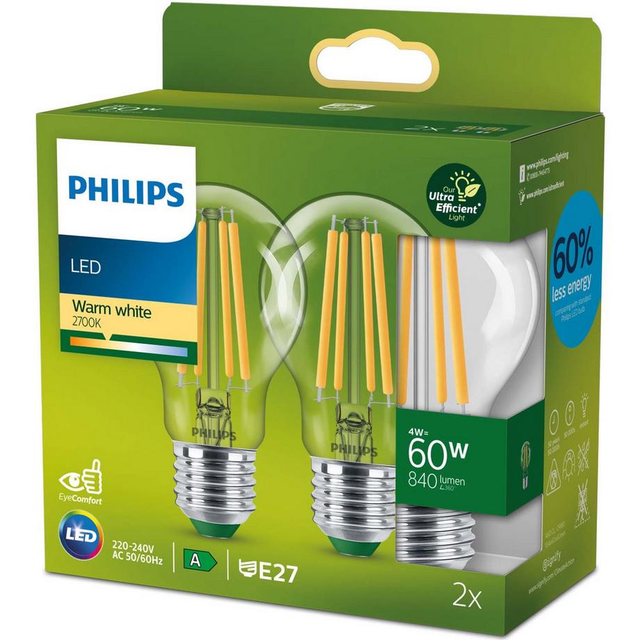 Confezione da 2 LED E27 Normale 4W (60W) Trasparente 840lm 2700K Classe energetica A