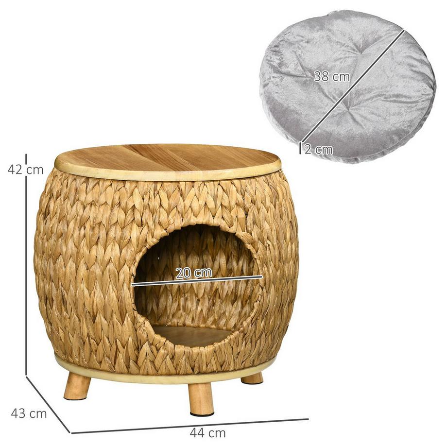 Northio  Katzenhöhle Aus Rattan 2-In-1 Design Katzenkorb Mit Kissen Haustierbett Wasserhyazinthengras Paulownia Holz Hellbraun+Grau 44 X 43 X 42 Cm 