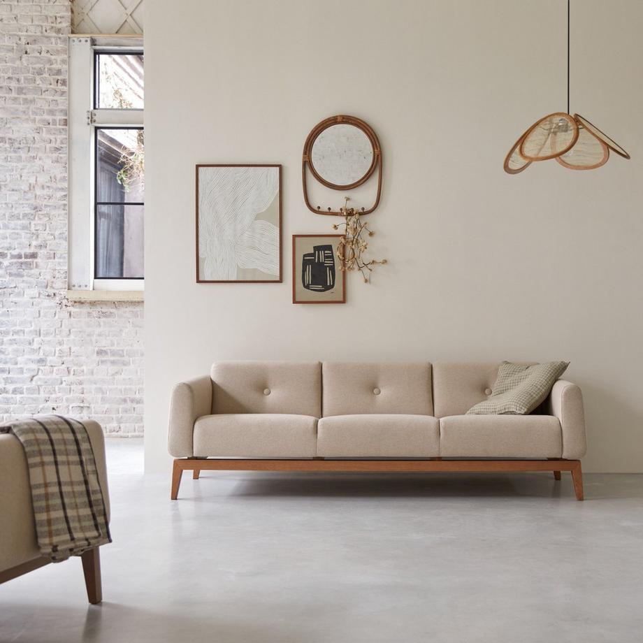 Tikamoon 3-Sitzer-Sofa mit massivem Eichenholzgestell und Ecru-Wolle Bjorn  