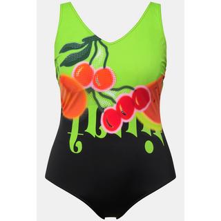 Ulla Popken  Maillot de bain sans bonnets souples, décolleté en V et imprimé cerises 