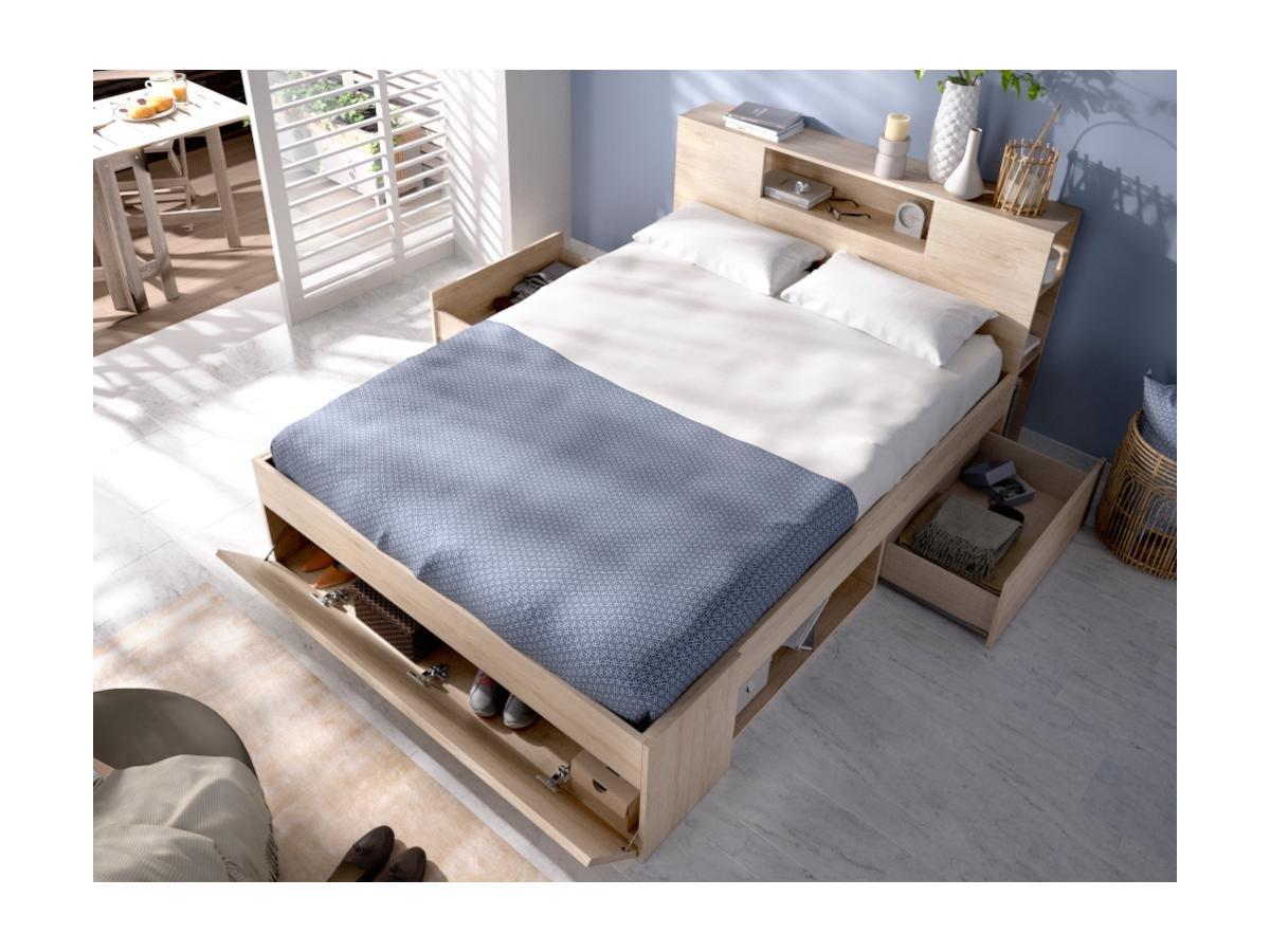 Vente-unique Bett mit Stauraum Schubladen Eichenholzfarben LEANDRE  