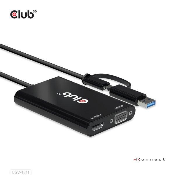 Club3D  USB Gen1 Type-C/-A to Dual HDMI (4K/30Hz) / VGA (1080/60Hz) 