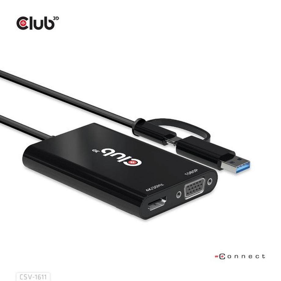 Club3D  USB Gen1 Type-C/-A to Dual HDMI (4K/30Hz) / VGA (1080/60Hz) 